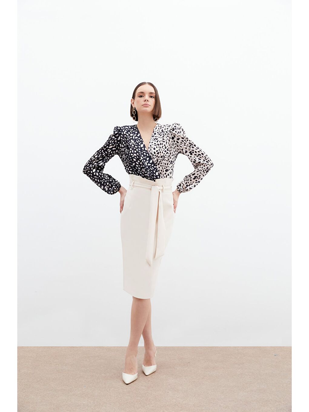 Bej Kuşaklı Kalem Etek - Taş-1