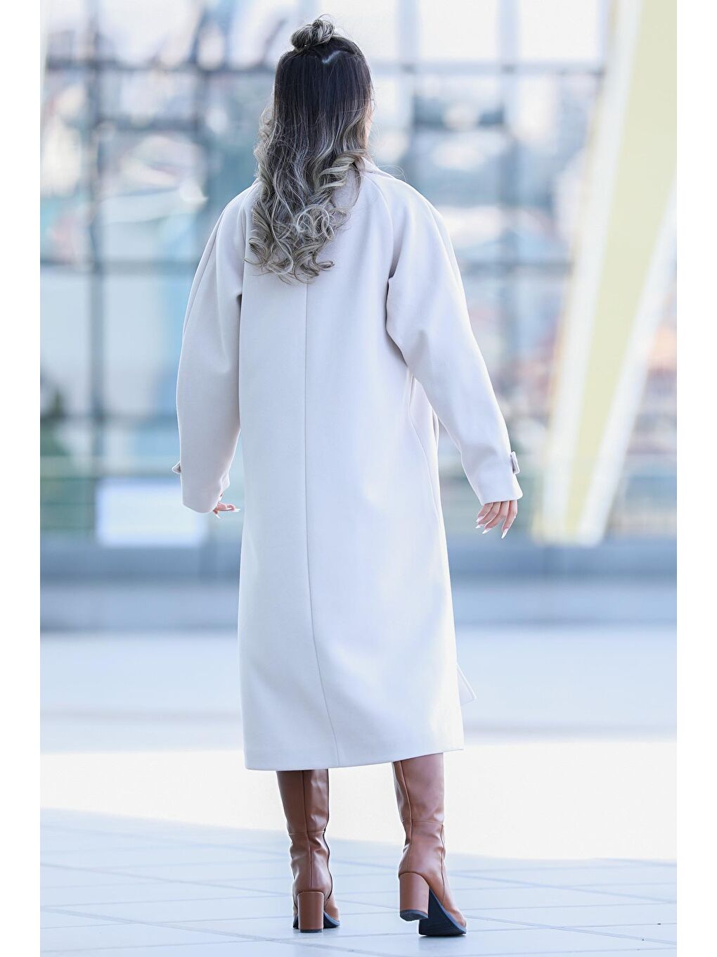 Bej Kadın Cepli Astarlı Kaşe Kaban-4