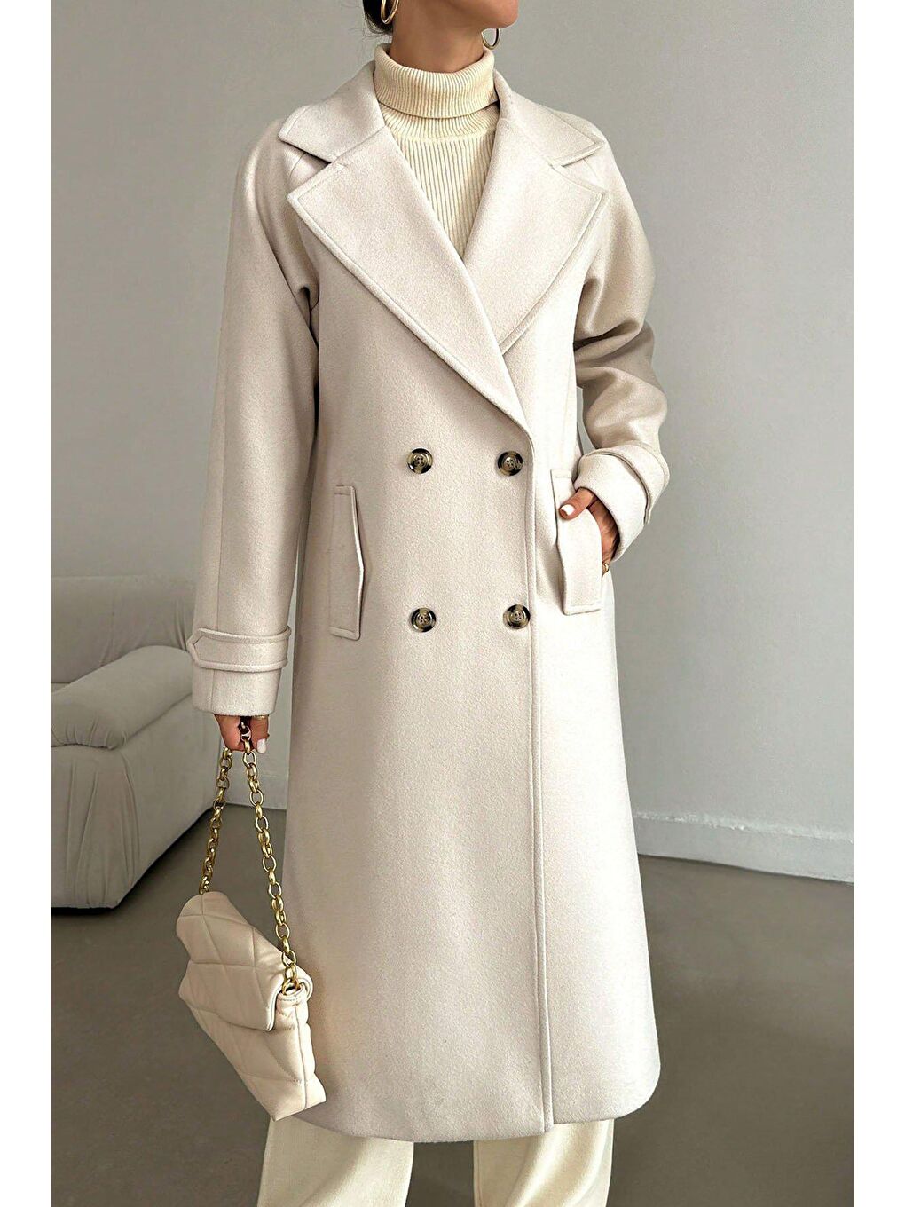 Bej Kadın Cepli Astarlı Kaşe Kaban-5