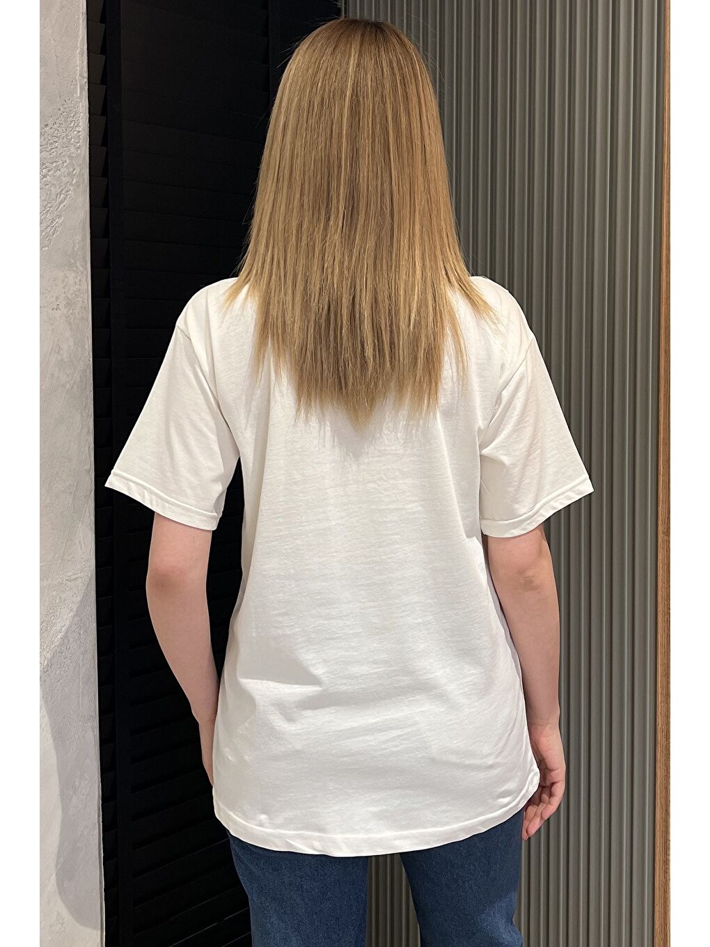 Ekru Jean Garnili Taşlı Kadın Tişört-2