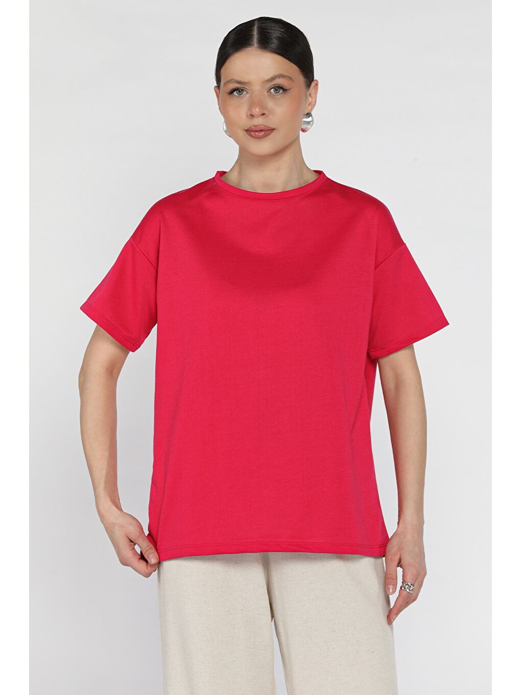 Fuşya Kadın Bisiklet Yaka Basic Tişört