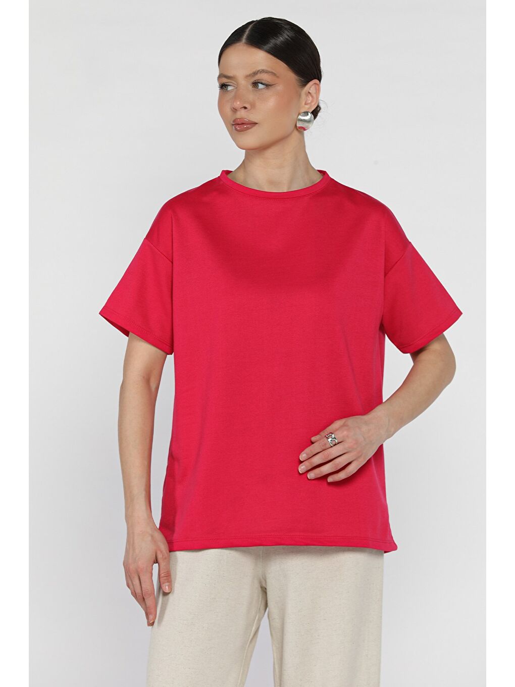 Fuşya Kadın Bisiklet Yaka Basic Tişört-1