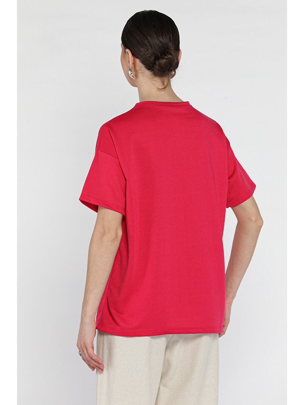 Fuşya Kadın Bisiklet Yaka Basic Tişört-2