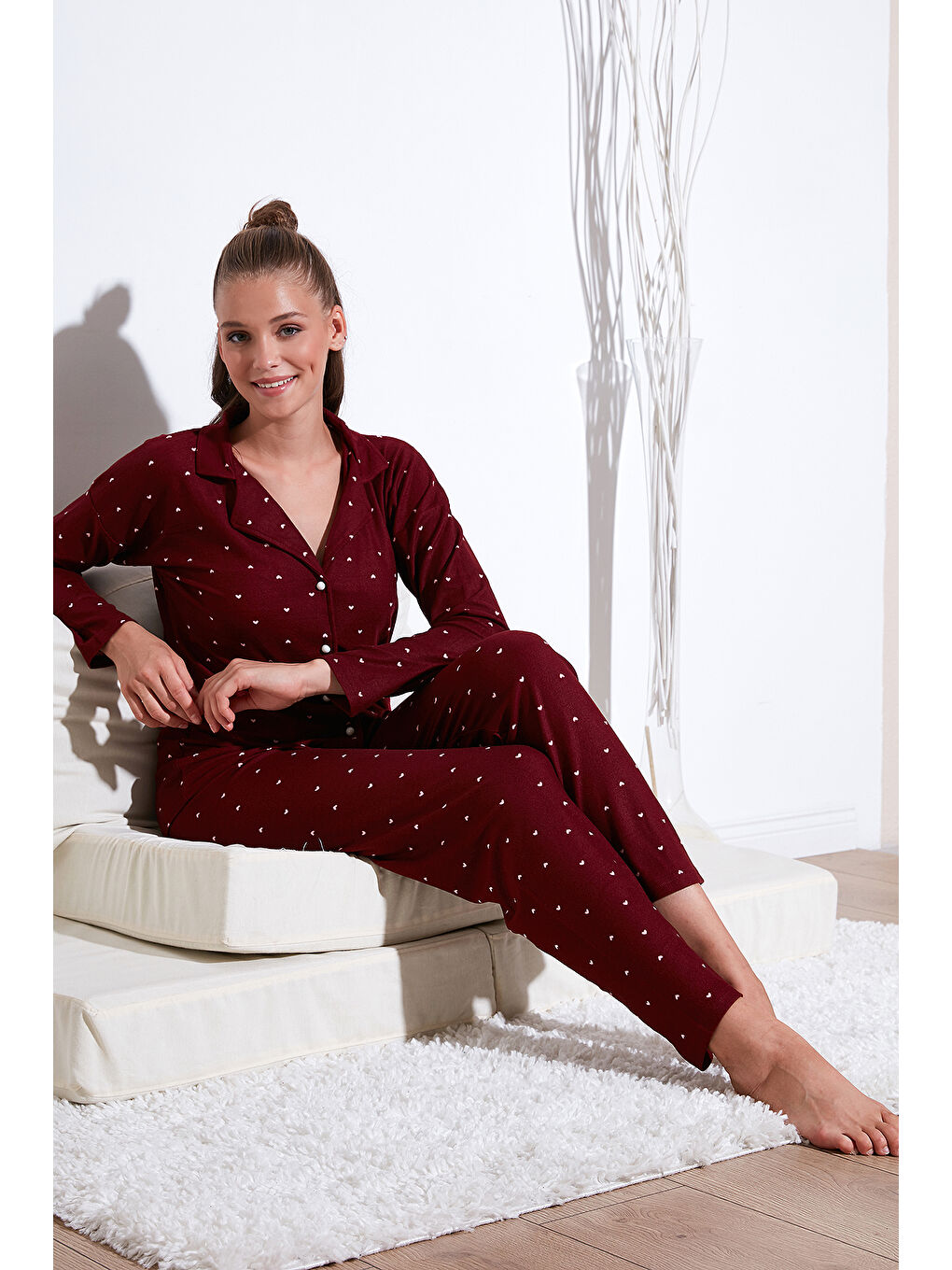 Lela Bordo Streç Standart Fit Düğmeli Kadın Pijama Takımı 60956601