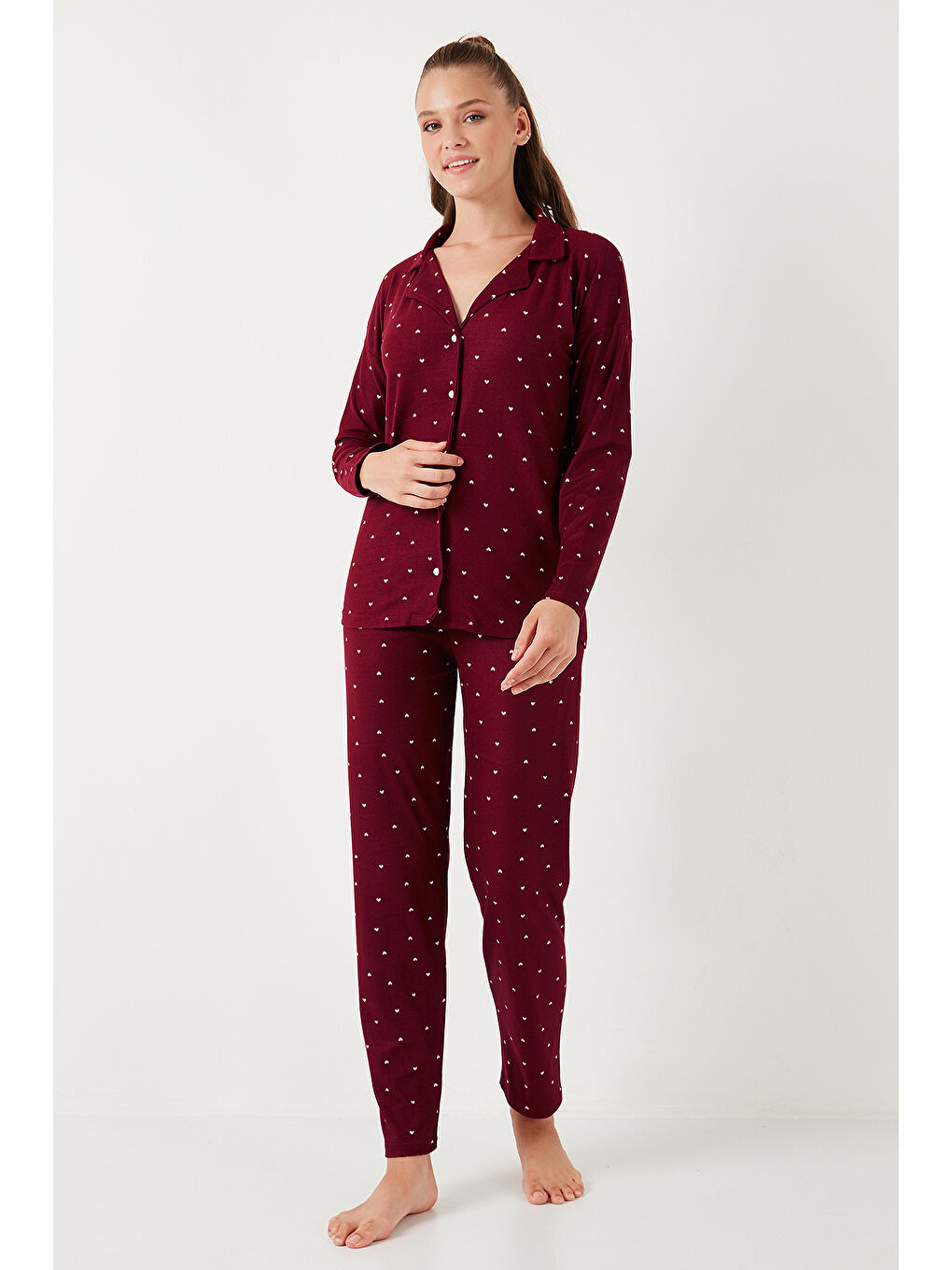 Lela Bordo Streç Standart Fit Düğmeli Kadın Pijama Takımı 60956601 - 1