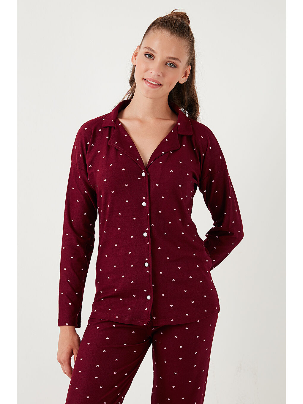 Lela Bordo Streç Standart Fit Düğmeli Kadın Pijama Takımı 60956601 - 4