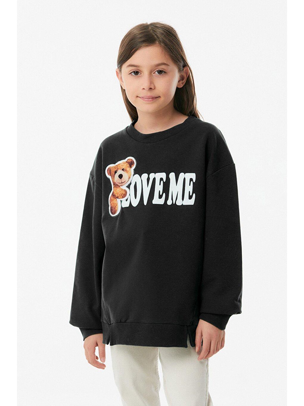 Siyah Baskılı Bisiklet Yaka Kız Çocuk Sweatshirt-1