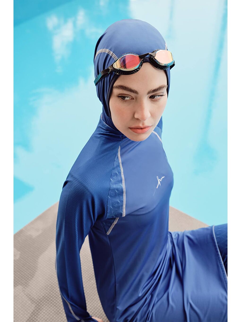 Performans Serisi Saks Mavisi Elastanlı 5 Parça Tam Tesettür Mayo Takımı H Per30 2003-1