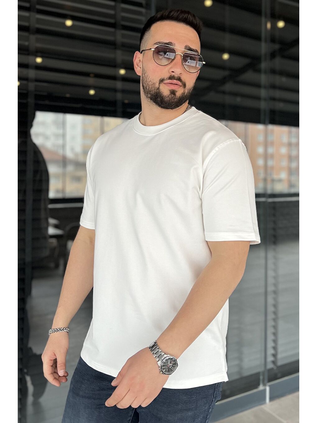 Ekru Erkek Bisiklet Yaka Tişört-1