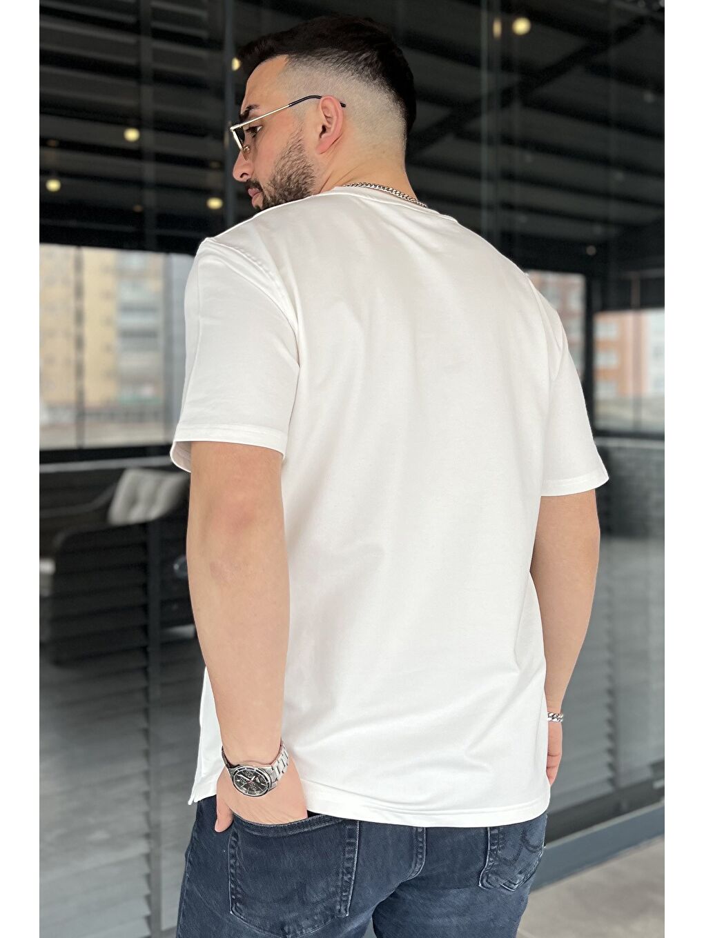 Ekru Erkek Bisiklet Yaka Tişört-2