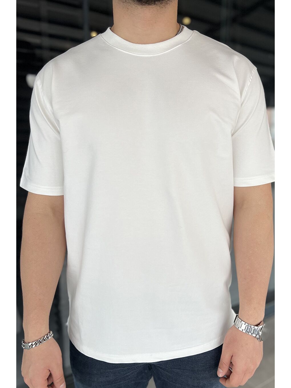 Ekru Erkek Bisiklet Yaka Tişört-3