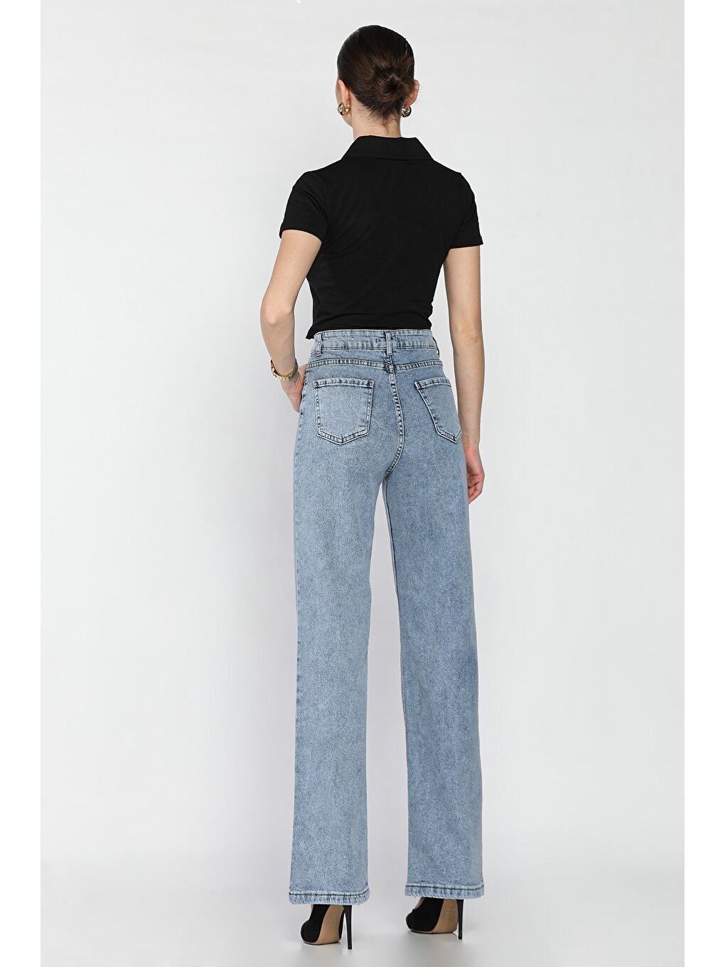 Mavi Yüksek Bel Elastanlı Palazzo Kadın Jean Pantolon-2