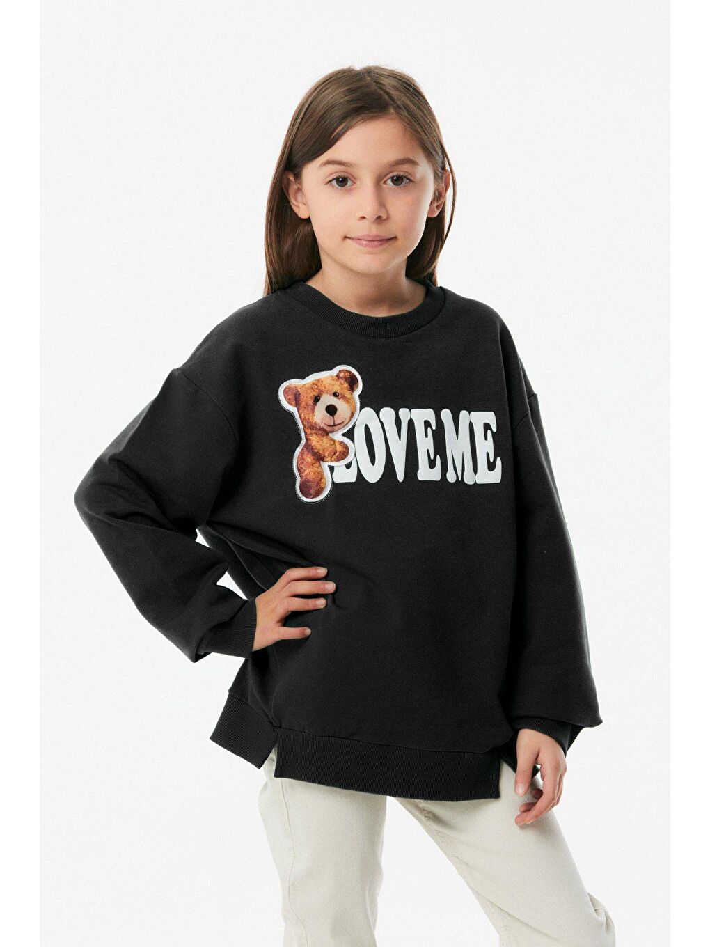 Siyah Baskılı Bisiklet Yaka Kız Çocuk Sweatshirt-2