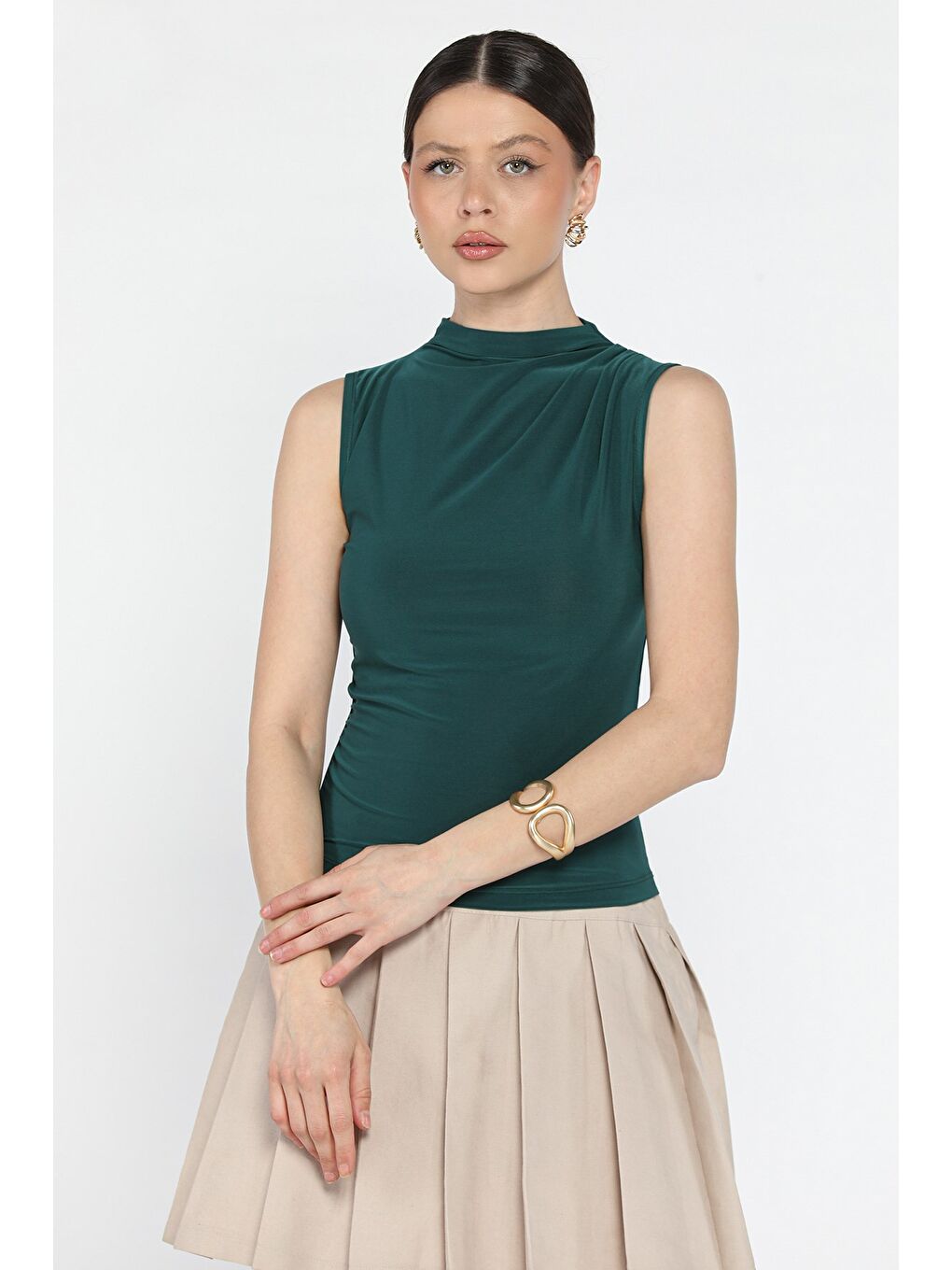 Yeşil Kadın Büzgü Detaylı Elastanlı Bluz-1