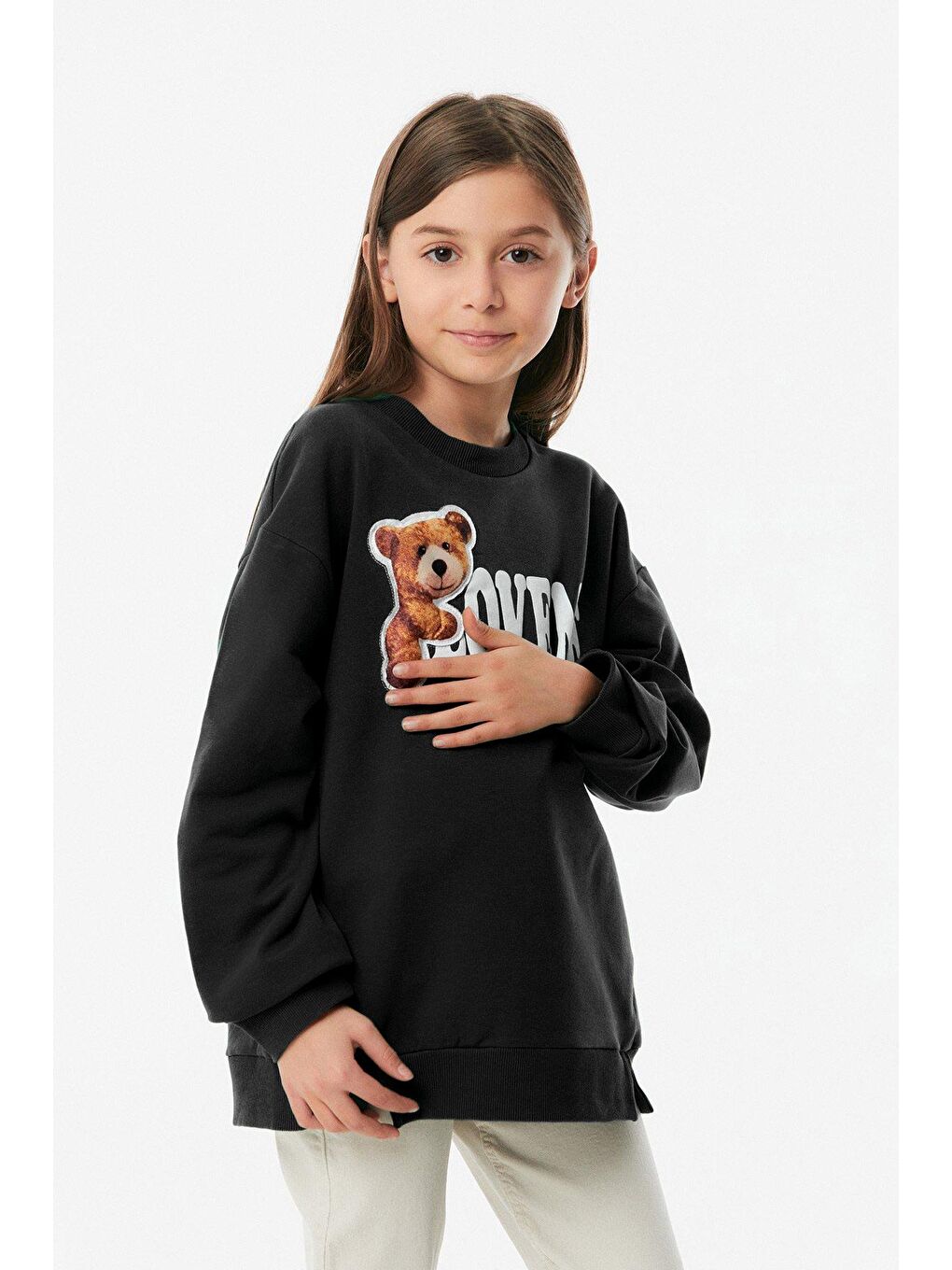 Siyah Baskılı Bisiklet Yaka Kız Çocuk Sweatshirt-3