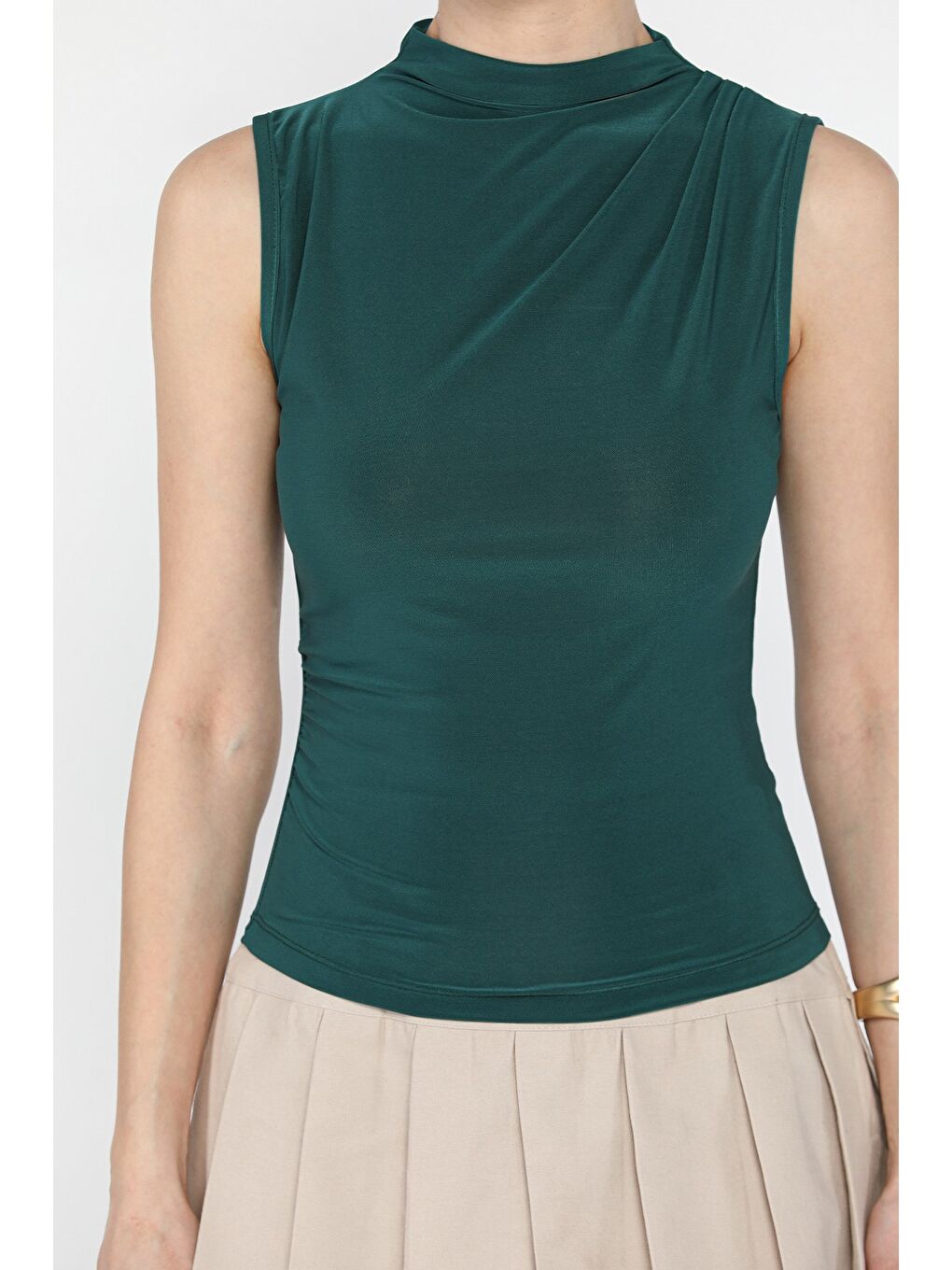 Yeşil Kadın Büzgü Detaylı Elastanlı Bluz-3