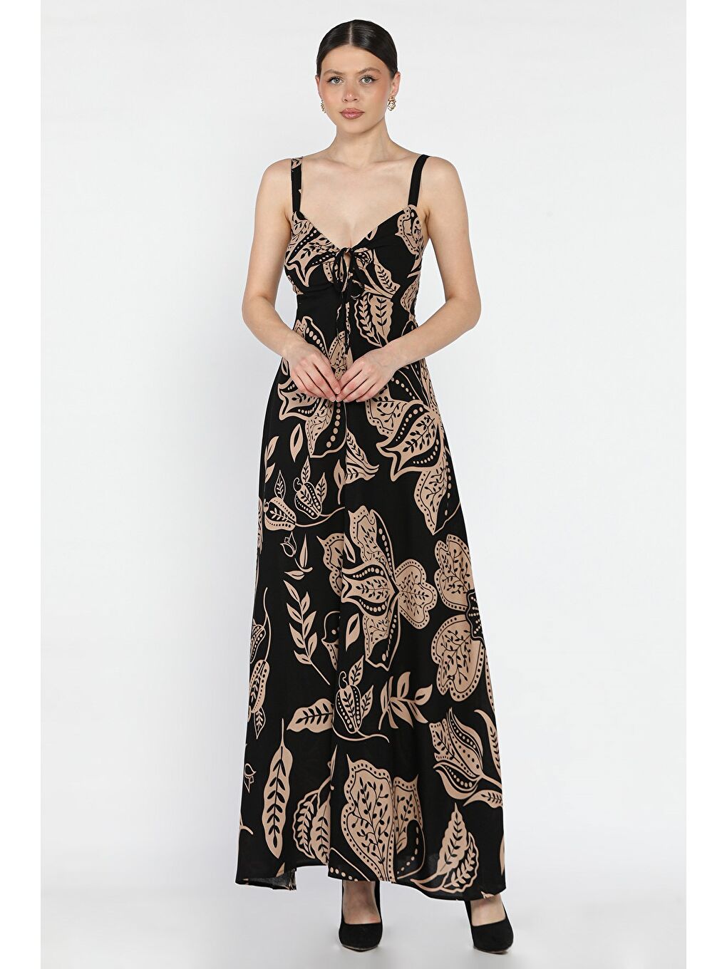 Siyah Kadın İp Askılı Dolgulu Viskon Elbise-1