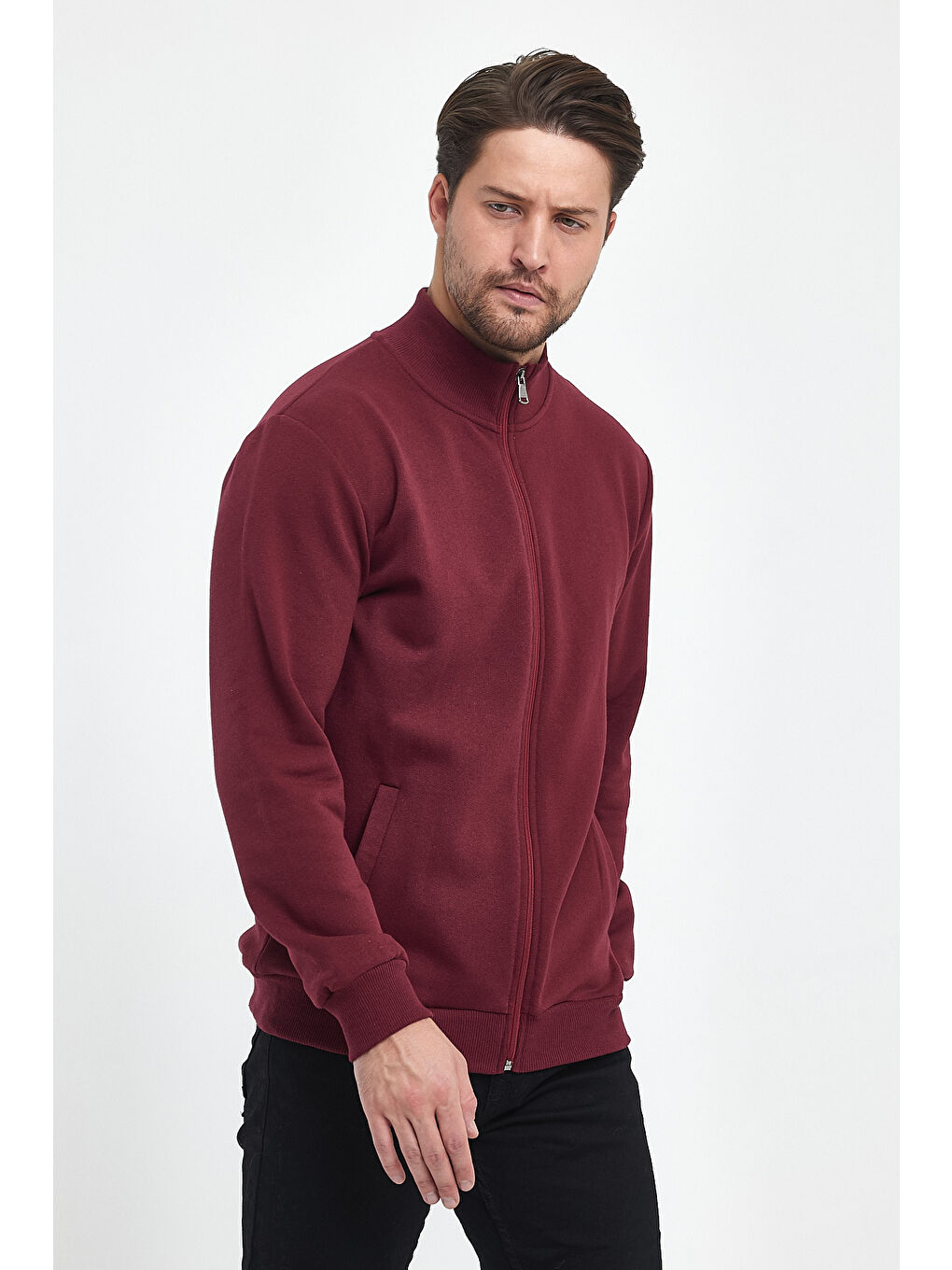 MMETALIC İçi Pamuklu Fermuarlı Dik Yaka Yan Cepli Bordo Erkek Fermuarlı Sweatshirt - 1