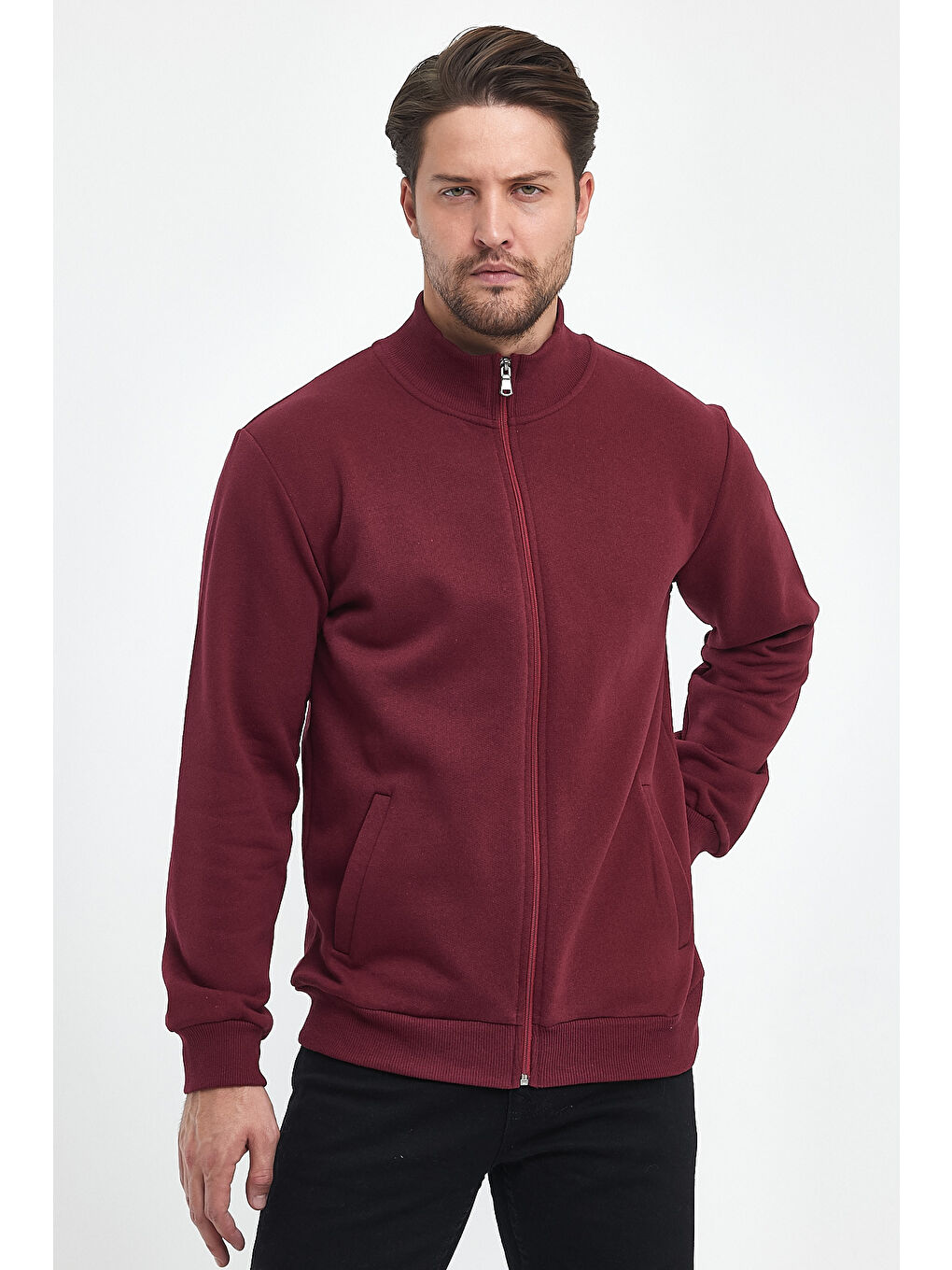 MMETALIC İçi Pamuklu Fermuarlı Dik Yaka Yan Cepli Bordo Erkek Fermuarlı Sweatshirt - 2