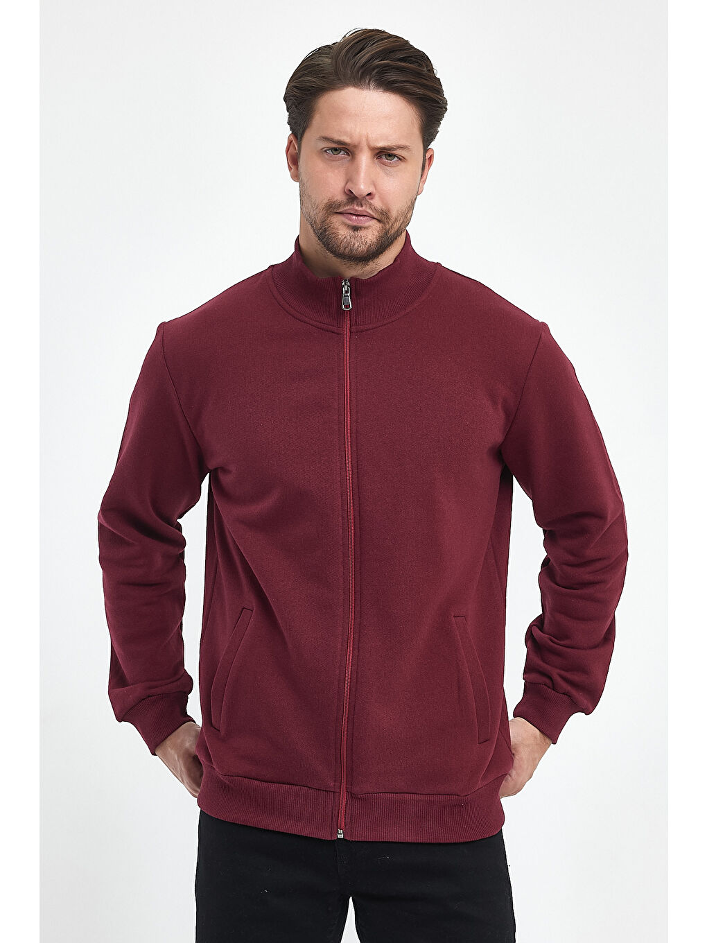 MMETALIC İçi Pamuklu Fermuarlı Dik Yaka Yan Cepli Bordo Erkek Fermuarlı Sweatshirt - 3