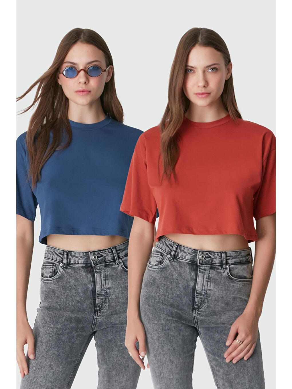 Kahverengi Bisiklet Yaka 2'li Crop T-Shirt 959 Kiremit/İndigo
