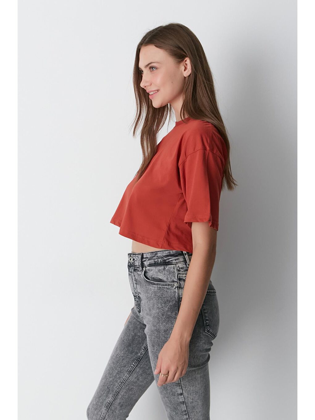 Kahverengi Bisiklet Yaka 2'li Crop T-Shirt 959 Kiremit/İndigo-4