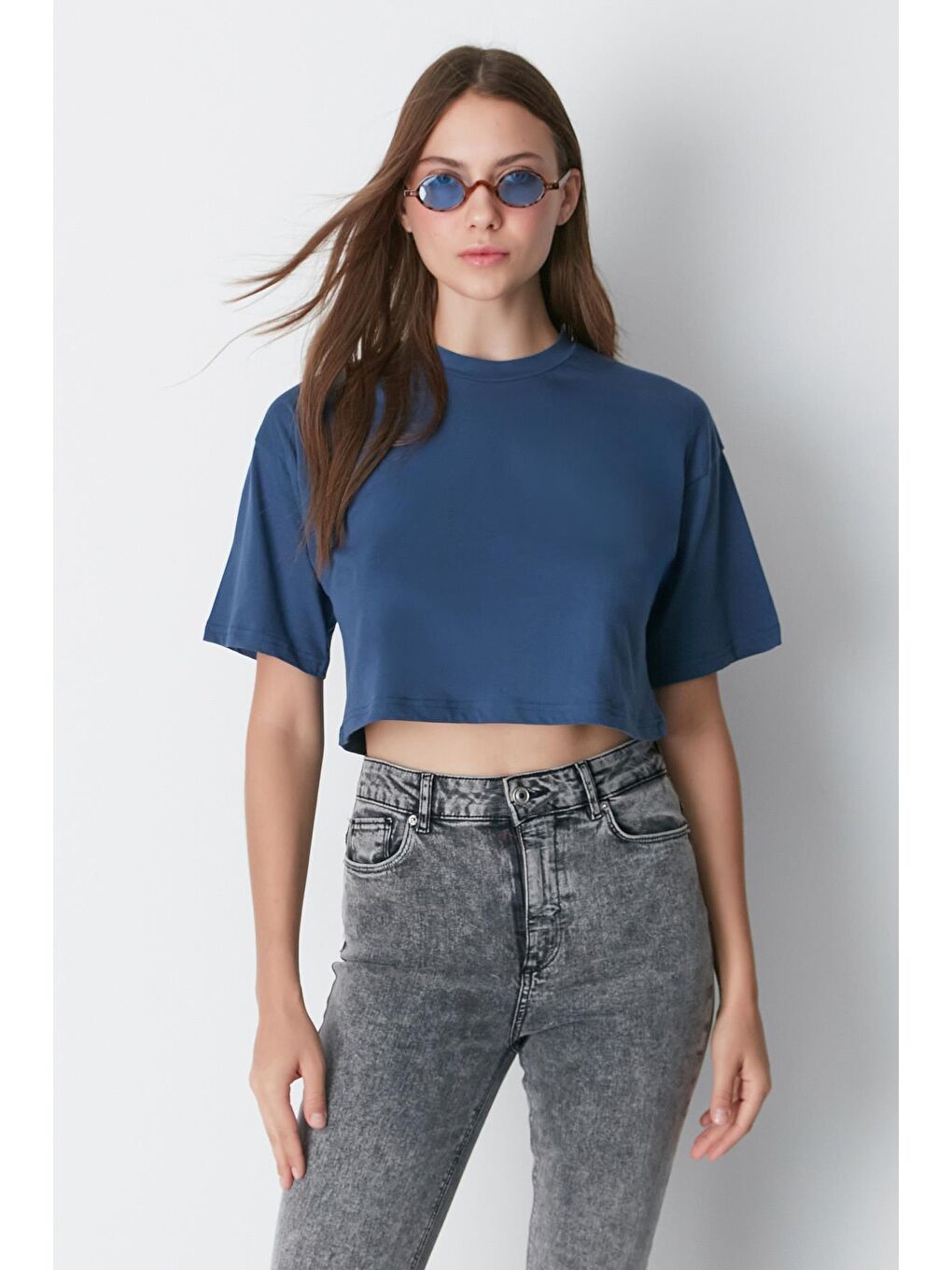 Kahverengi Bisiklet Yaka 2'li Crop T-Shirt 959 Kiremit/İndigo-5