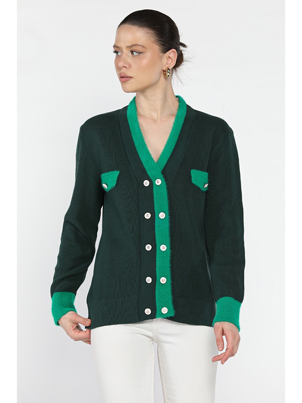 Yeşil Kruvaze Yaka Düğme Detaylı Kadın Triko Hırka-1