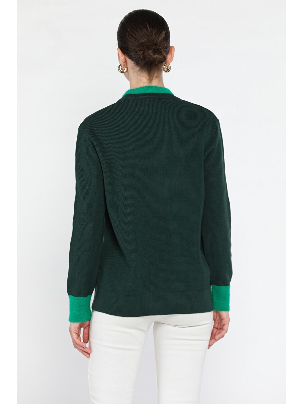 Yeşil Kruvaze Yaka Düğme Detaylı Kadın Triko Hırka-2