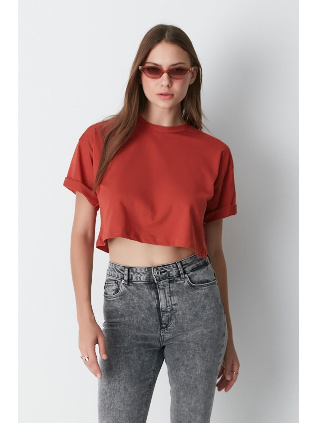 Kahverengi Bisiklet Yaka 2'li Crop T-Shirt 959 Kiremit/İndigo-7