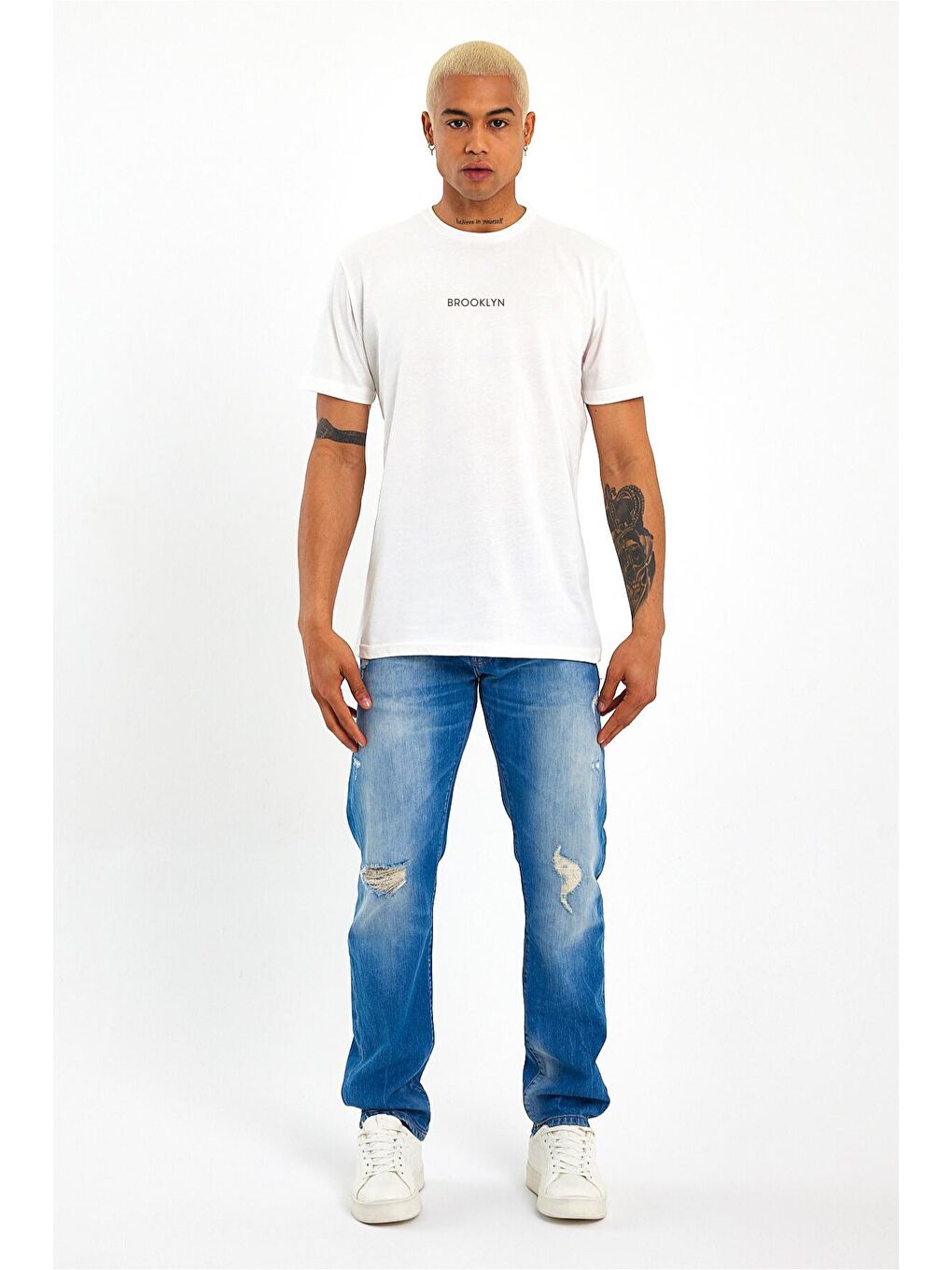 Süperlife Ekru Bisiklet Yaka Oversize Fit Brooklyn Baskılı Erkek Tişört SPR21Y27