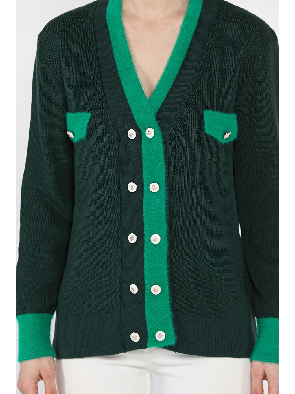 Yeşil Kruvaze Yaka Düğme Detaylı Kadın Triko Hırka-3