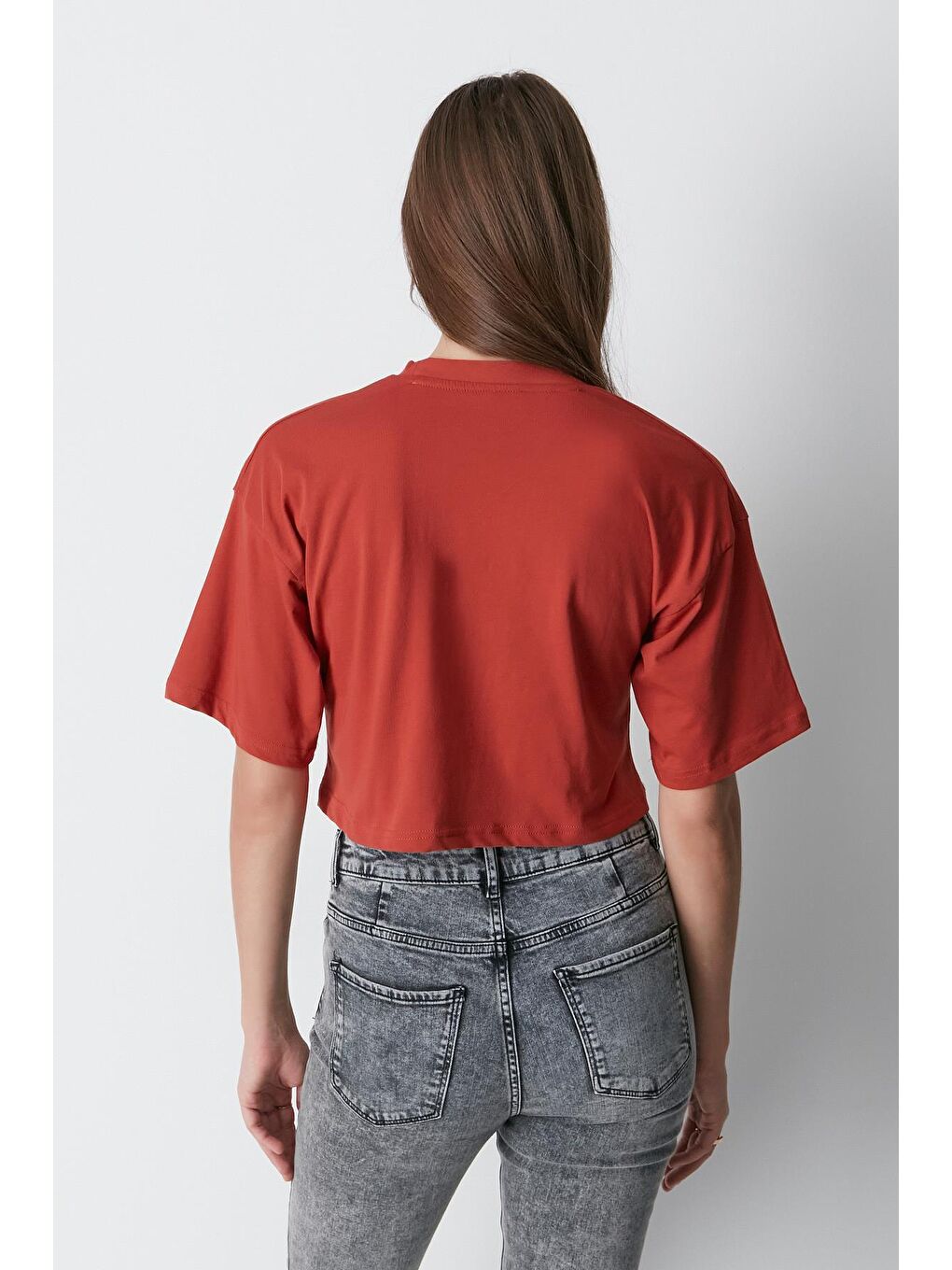 Kahverengi Bisiklet Yaka 2'li Crop T-Shirt 959 Kiremit/İndigo-8