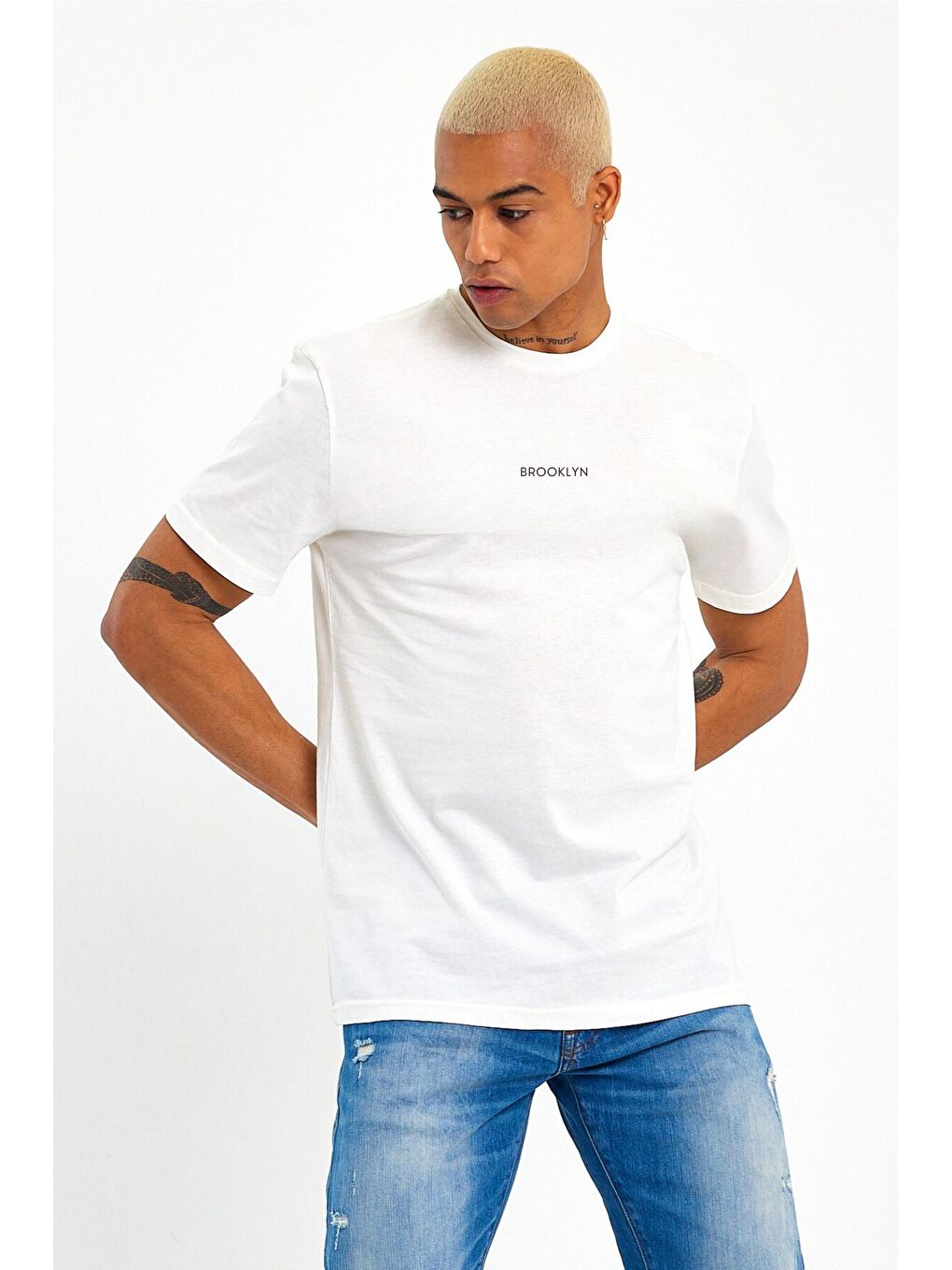 Süperlife Ekru Bisiklet Yaka Oversize Fit Brooklyn Baskılı Erkek Tişört SPR21Y27 - 1