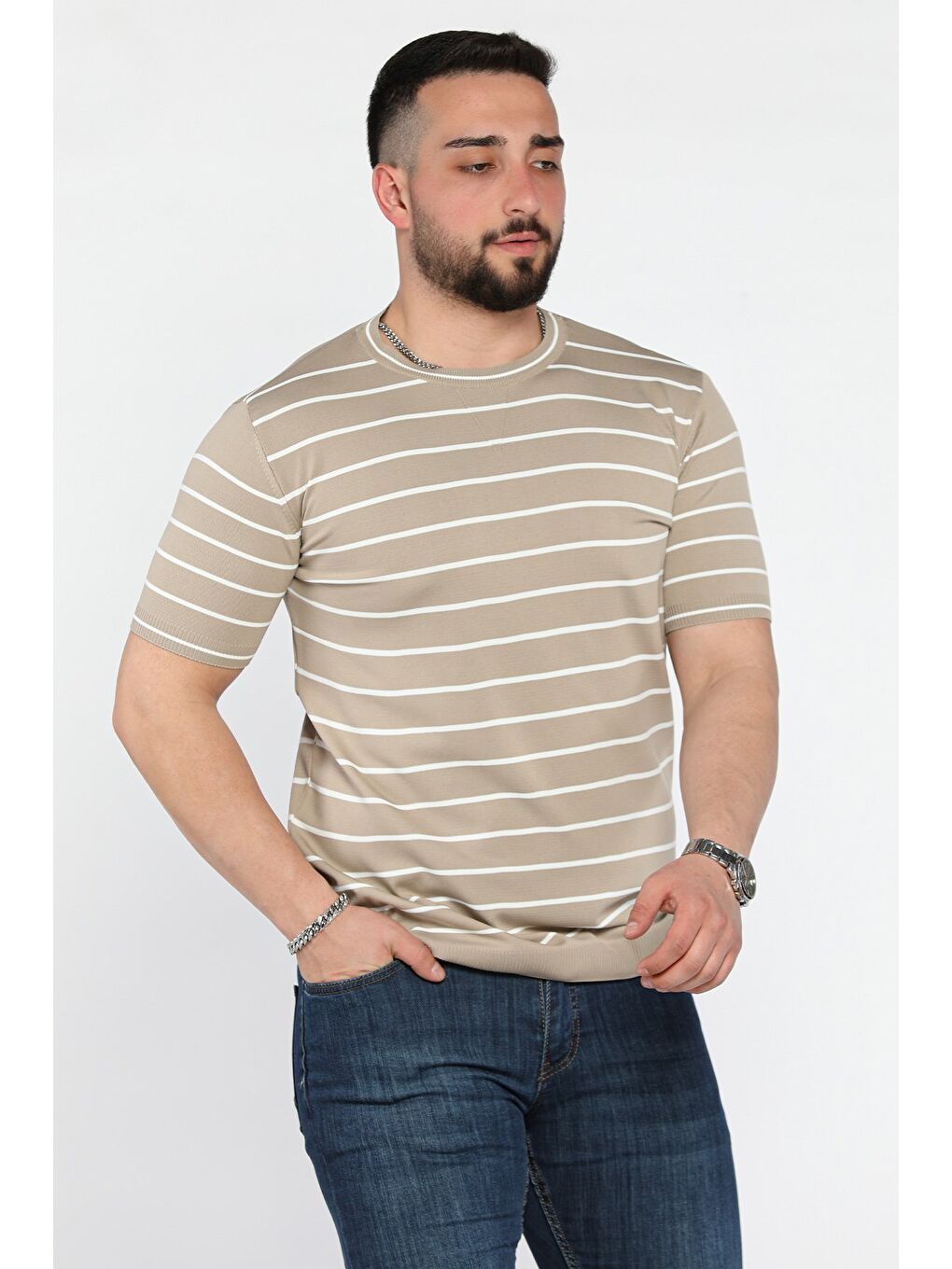 Bej Erkek Bisiklet Yaka Çizgili Triko Tişört