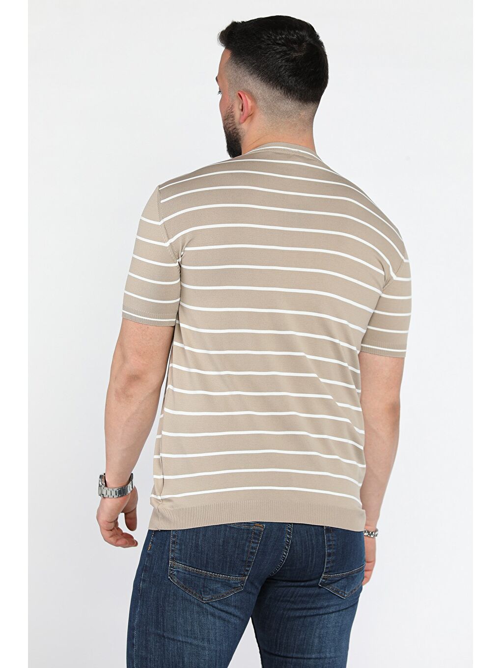 Bej Erkek Bisiklet Yaka Çizgili Triko Tişört-2