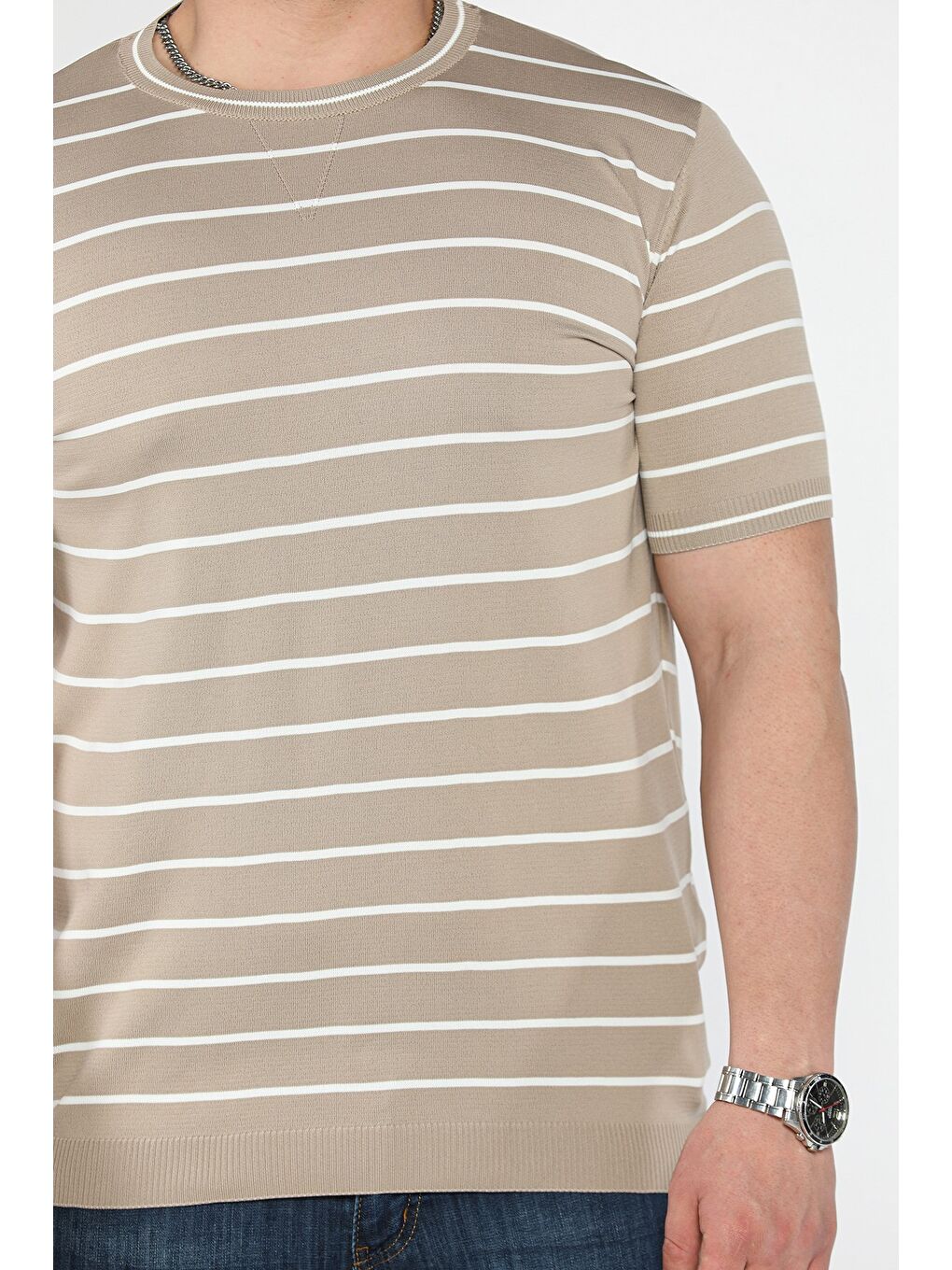 Bej Erkek Bisiklet Yaka Çizgili Triko Tişört-3