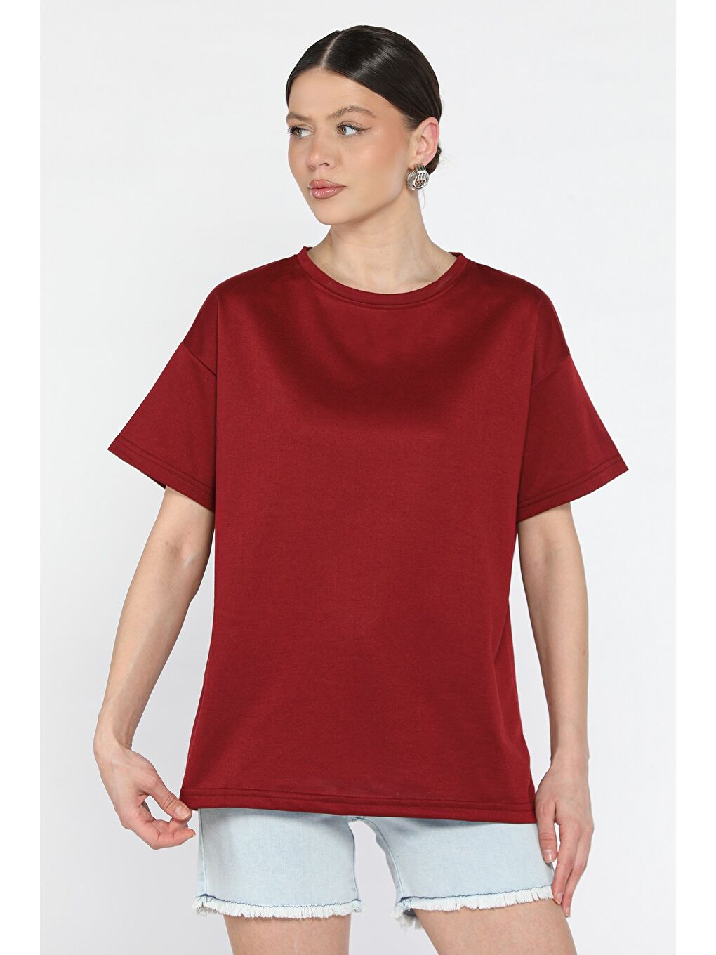 Bordo Kadın Bisiklet Yaka Basic Tişört