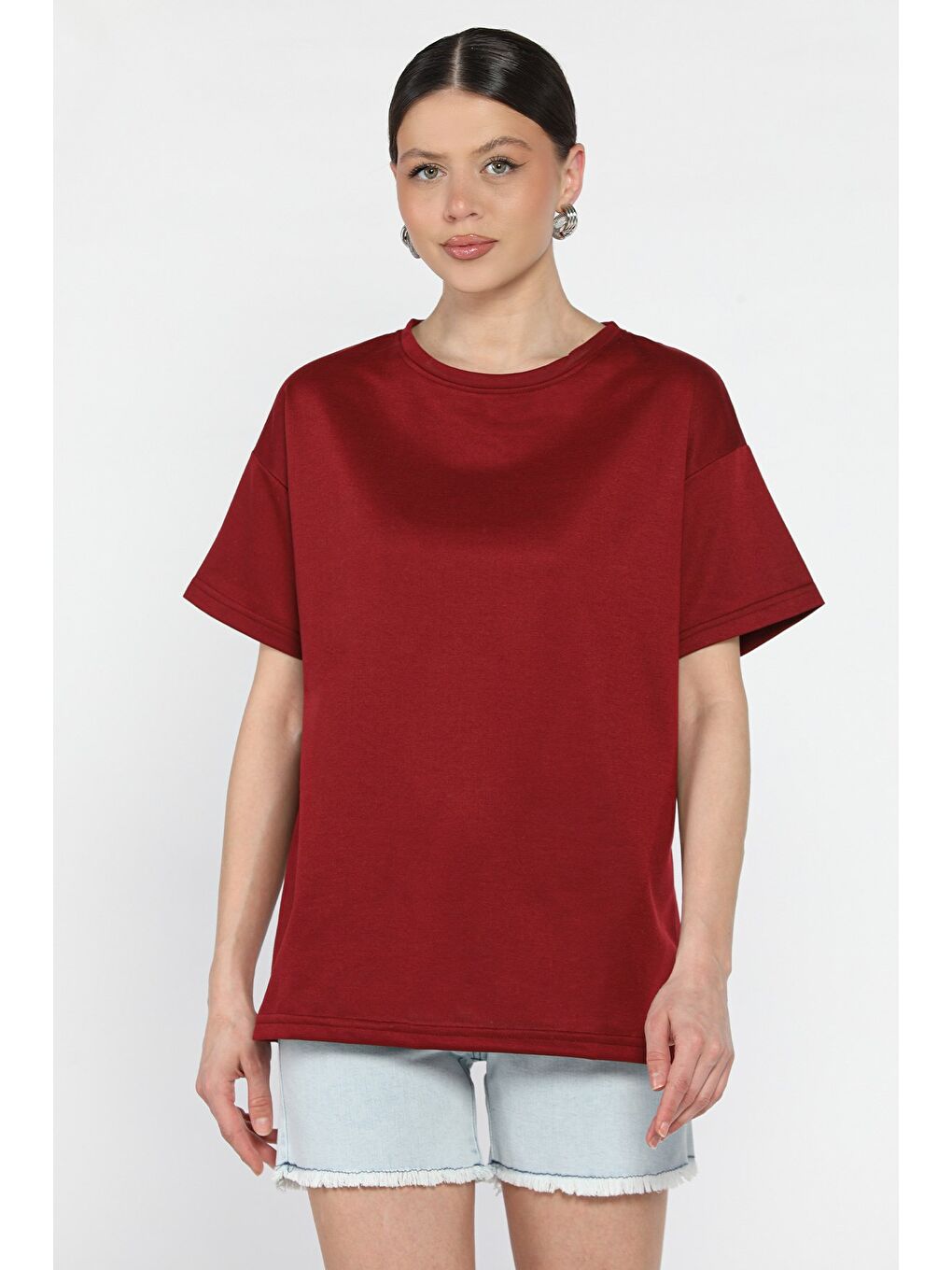 Bordo Kadın Bisiklet Yaka Basic Tişört-1