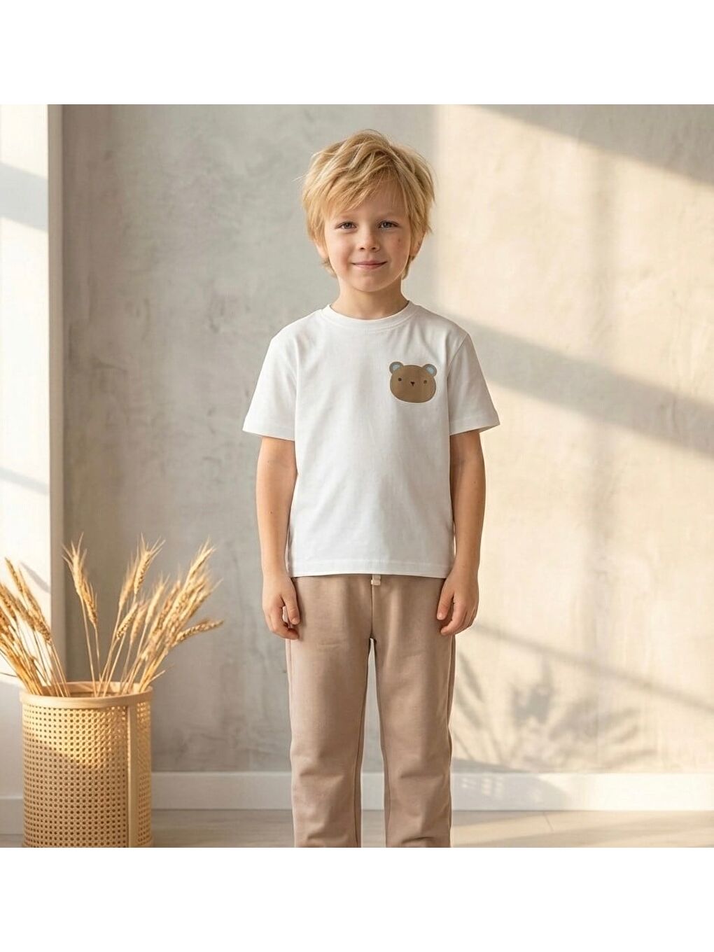 Erkek Çocuk Ekru Ayıcık Baskılı Jogger Pantolonlu Altüst Takım-1