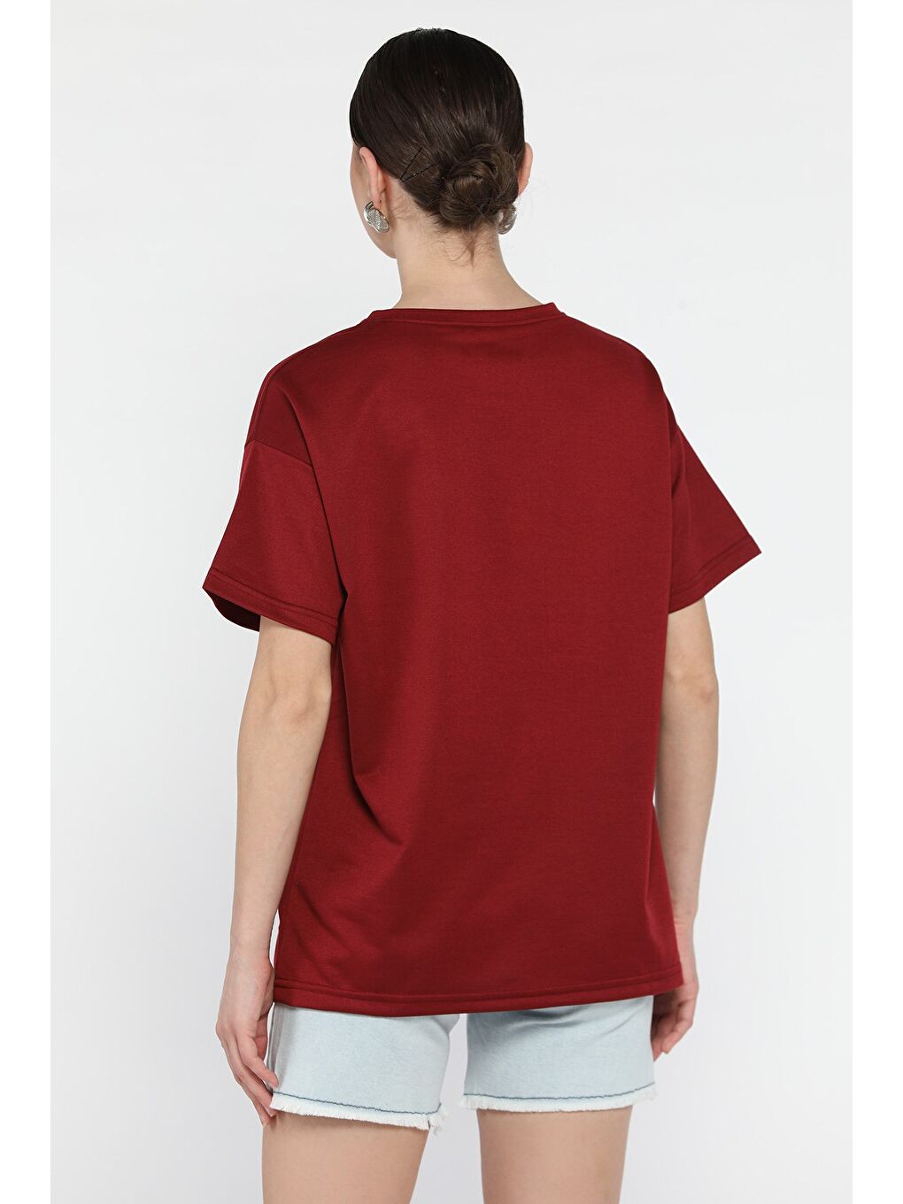 Bordo Kadın Bisiklet Yaka Basic Tişört-2