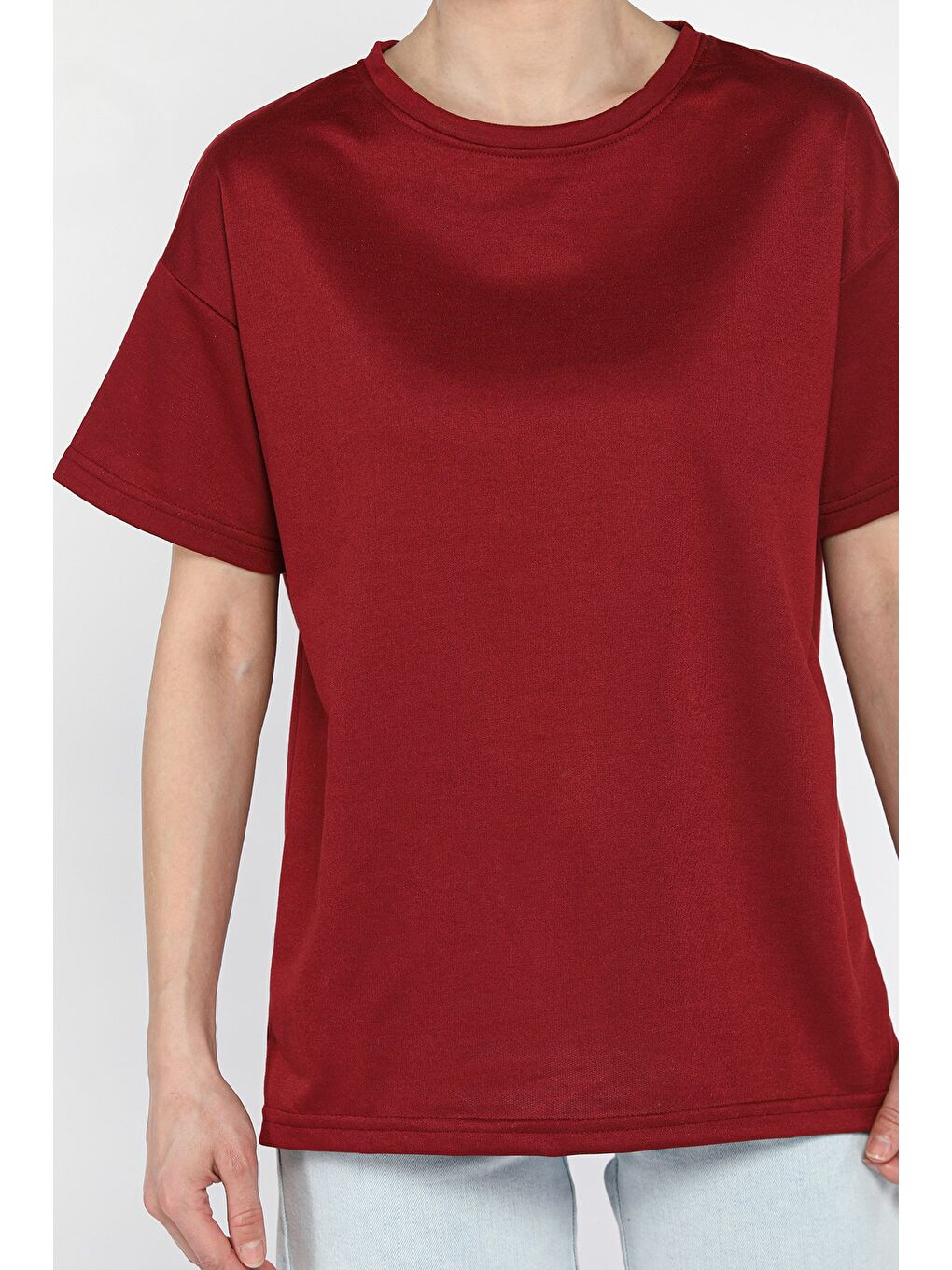 Bordo Kadın Bisiklet Yaka Basic Tişört-3