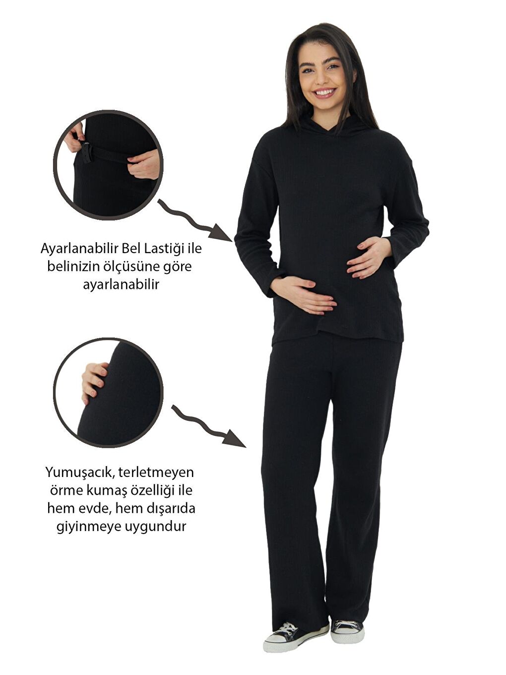Siyah Örme Kapüşonlu Kadın Hamile Alt Üst Takımı