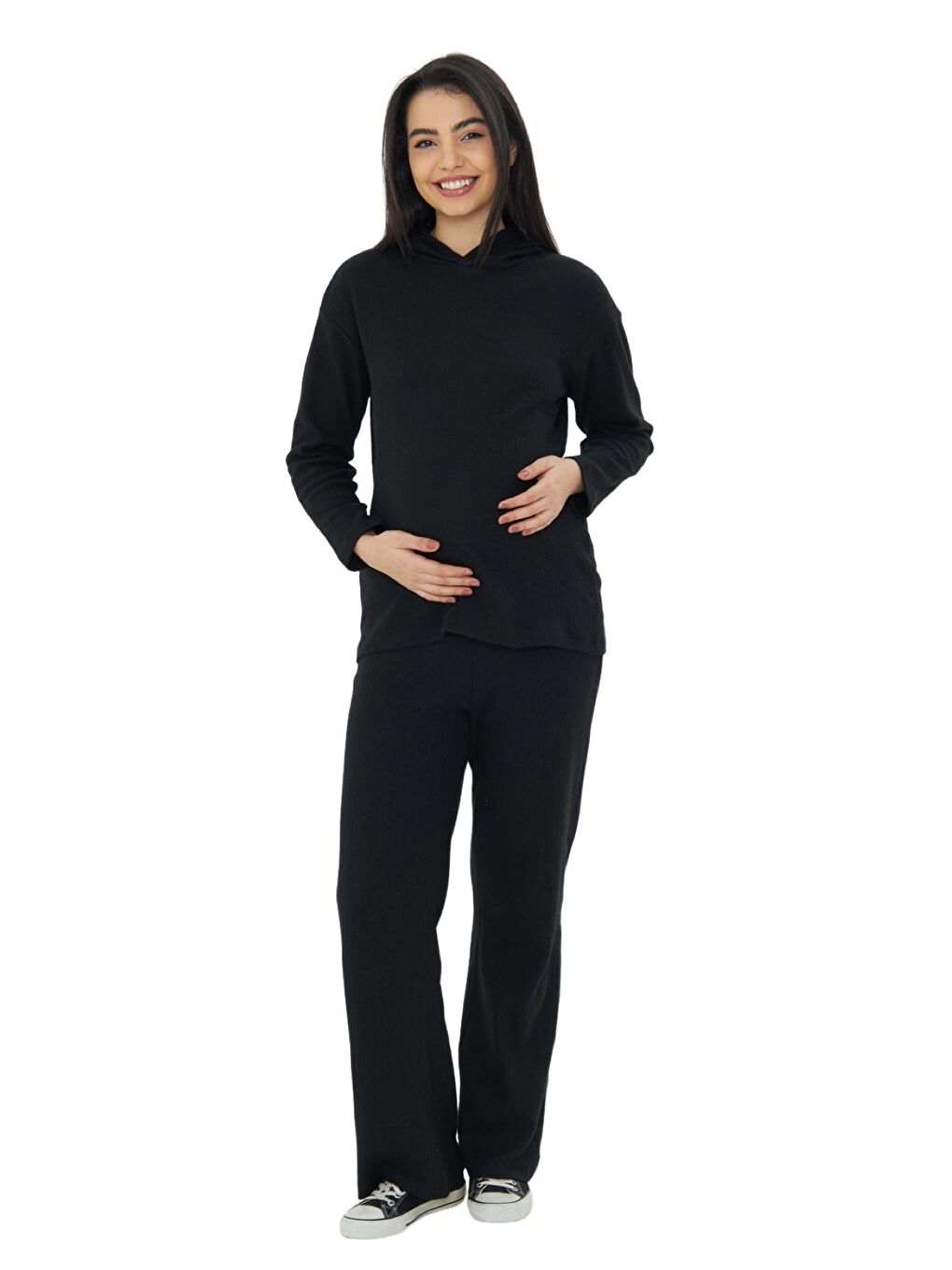 Siyah Örme Kapüşonlu Kadın Hamile Alt Üst Takımı-1