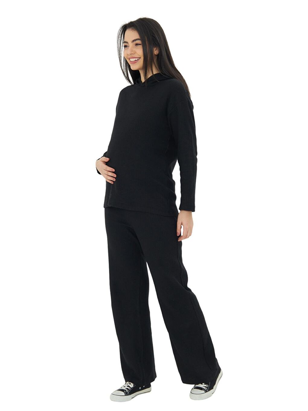 Siyah Örme Kapüşonlu Kadın Hamile Alt Üst Takımı-2