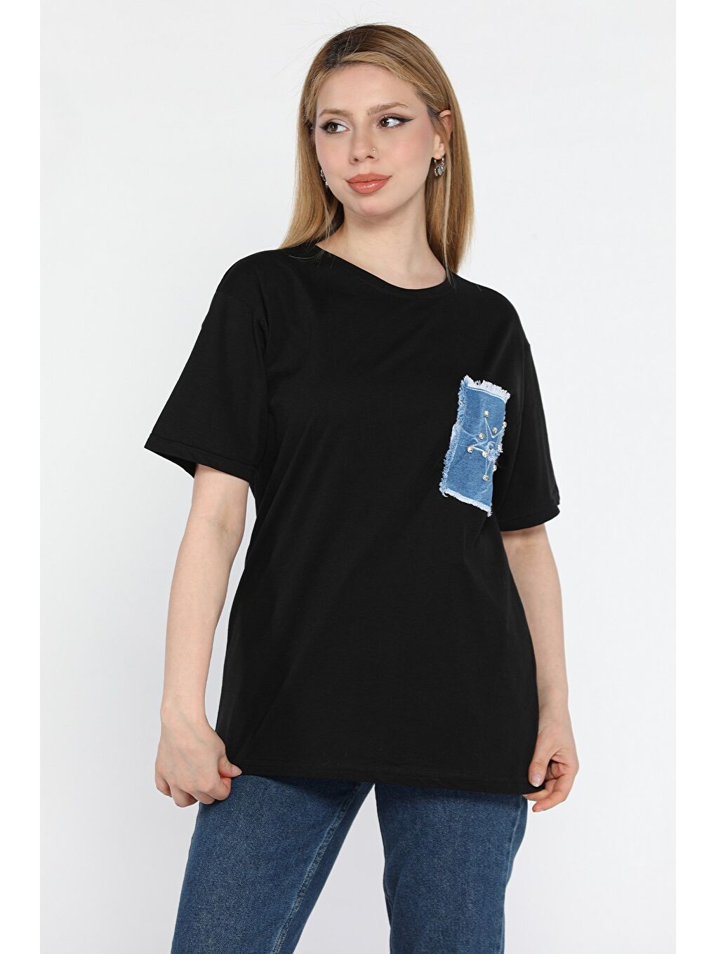 Siyah Jean Garnili Taşlı Kadın Tişört