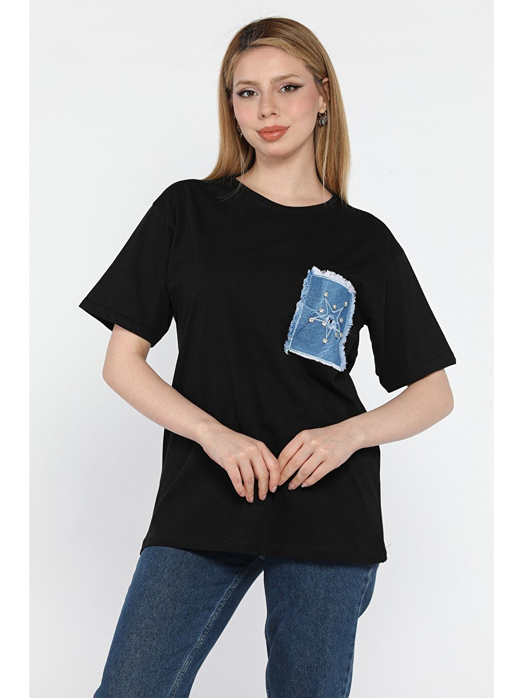 Siyah Jean Garnili Taşlı Kadın Tişört-1
