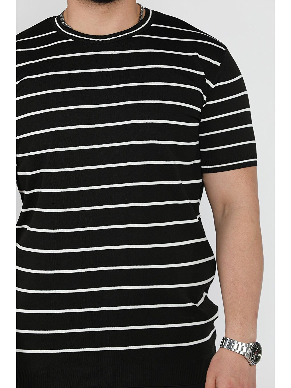 Siyah Erkek Bisiklet Yaka Çizgili Triko Tişört-3