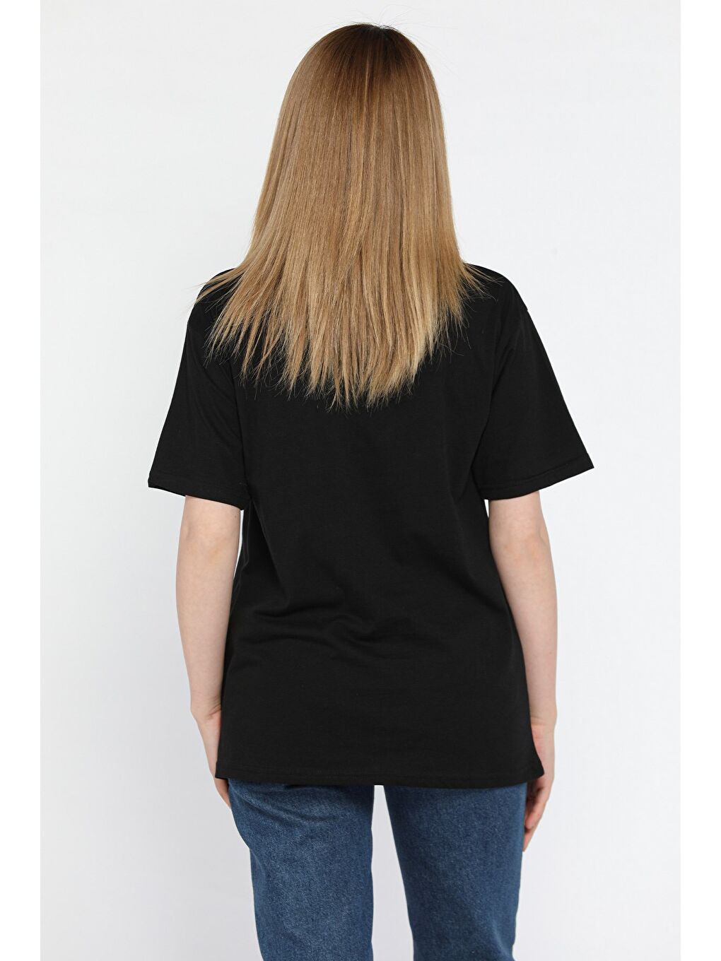 Siyah Jean Garnili Taşlı Kadın Tişört-2