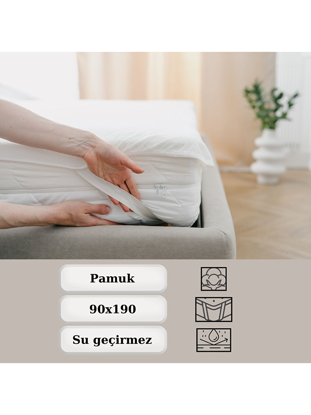 Beyaz Pamuklu Tek Kişilik Yatak Koruyucu Alez 90x190 Su Geçirmez